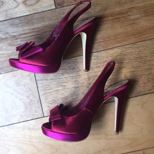Two-tone satin peep toe sling backs with platform